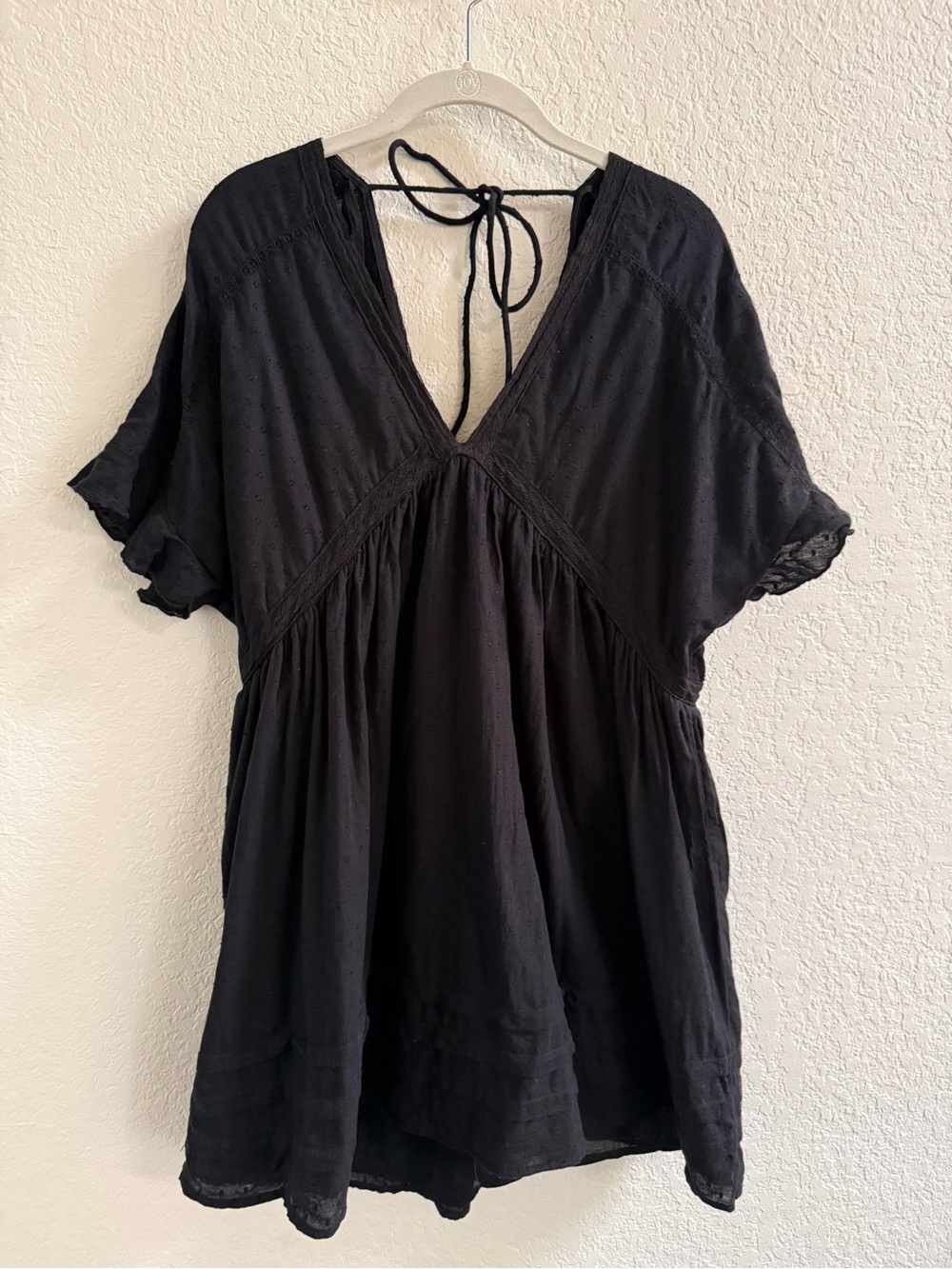 Urban Outfitters Black V-Neck Tie-Back Swiss Dot Mini Dress 100% Cotton